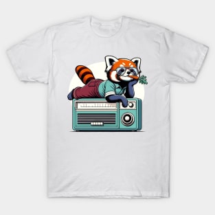 70s red panda eating carrot while sitting on vintage radio T-Shirt